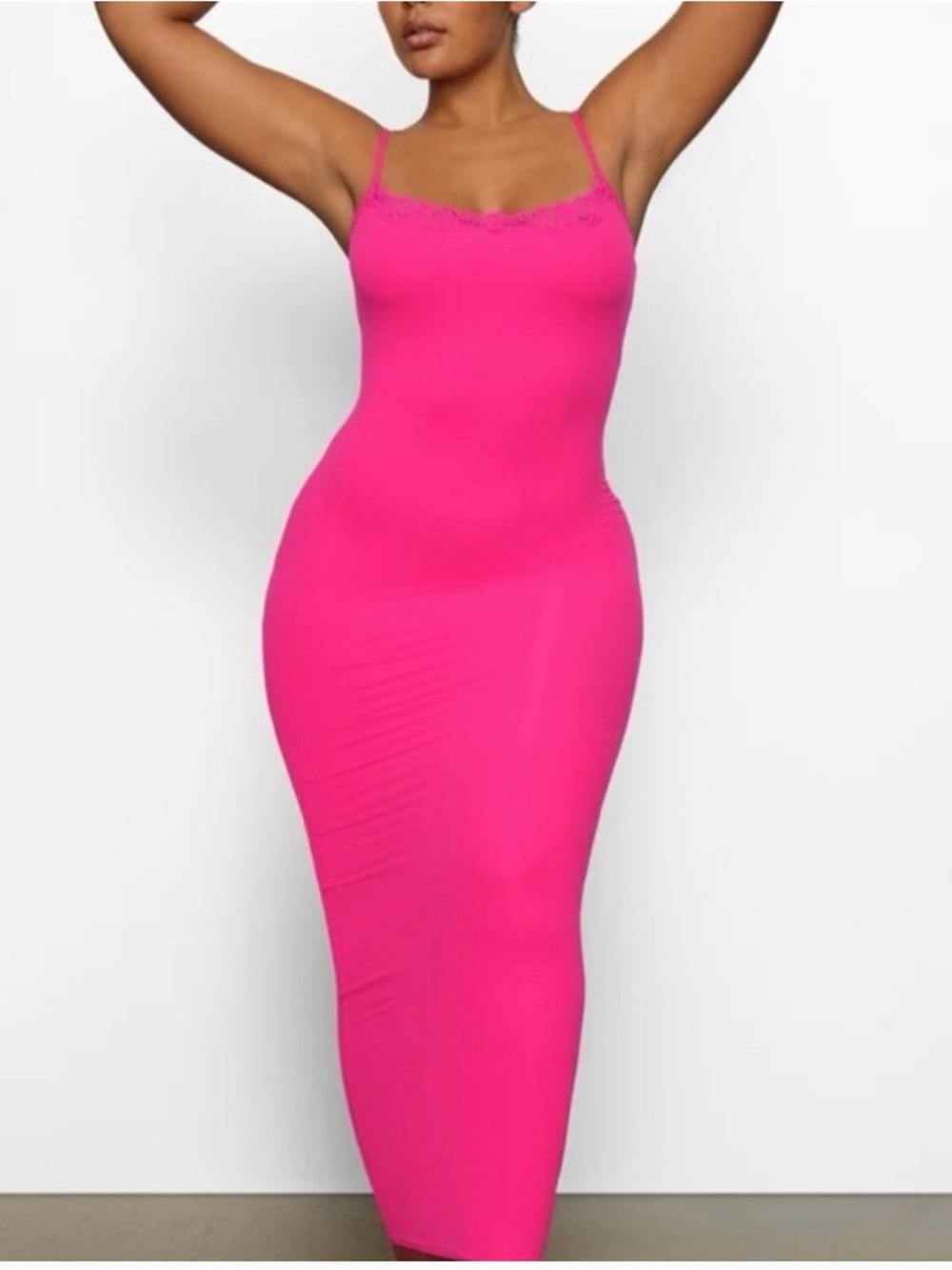 Skims! Hard to find, new! Hot Pink Bodycon Midi Dress with Spaghetti Straps. 2x3